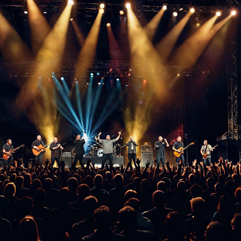 A serene concert scene showcasing the band MercyMe performing on stage, surrounded by a diverse audience with hands raised in worship. Include warm, radiant lighting that symbolizes hope and spirituality, and musical notes dancing in the air. The background features subtle images of faith symbols, like crosses and doves, blended into the atmosphere. Capture a sense of unity and joy among the crowd. vibrant colors. super-realistic.