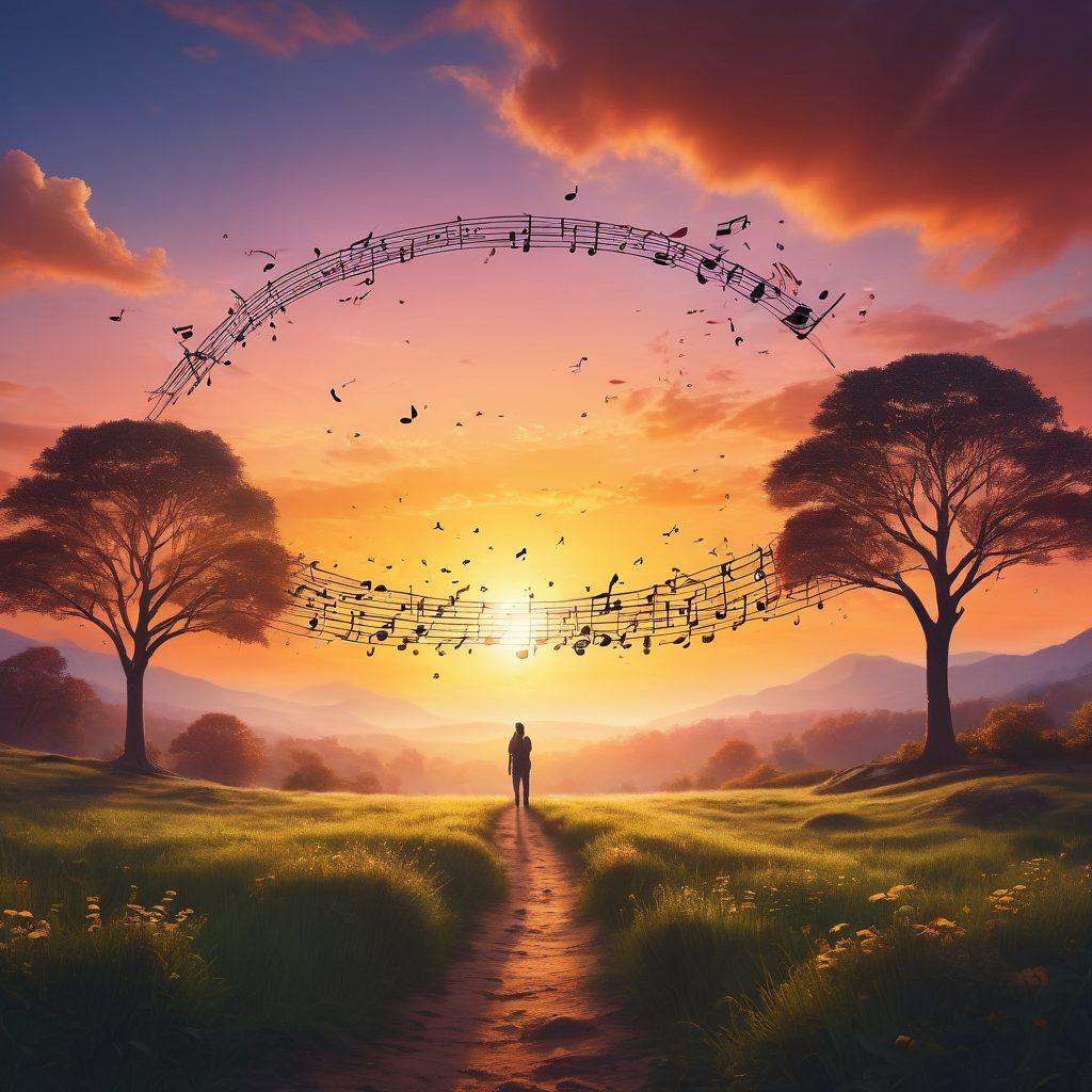 A serene landscape featuring a glowing sunrise, symbolizing hope and inspiration, with silhouettes of individuals listening to music on headphones, surrounded by nature. Elements of musical notes floating in the air, blending harmoniously with the scenery. The scene evokes a sense of peace and uplifting energy. vibrant colors. super-realistic.