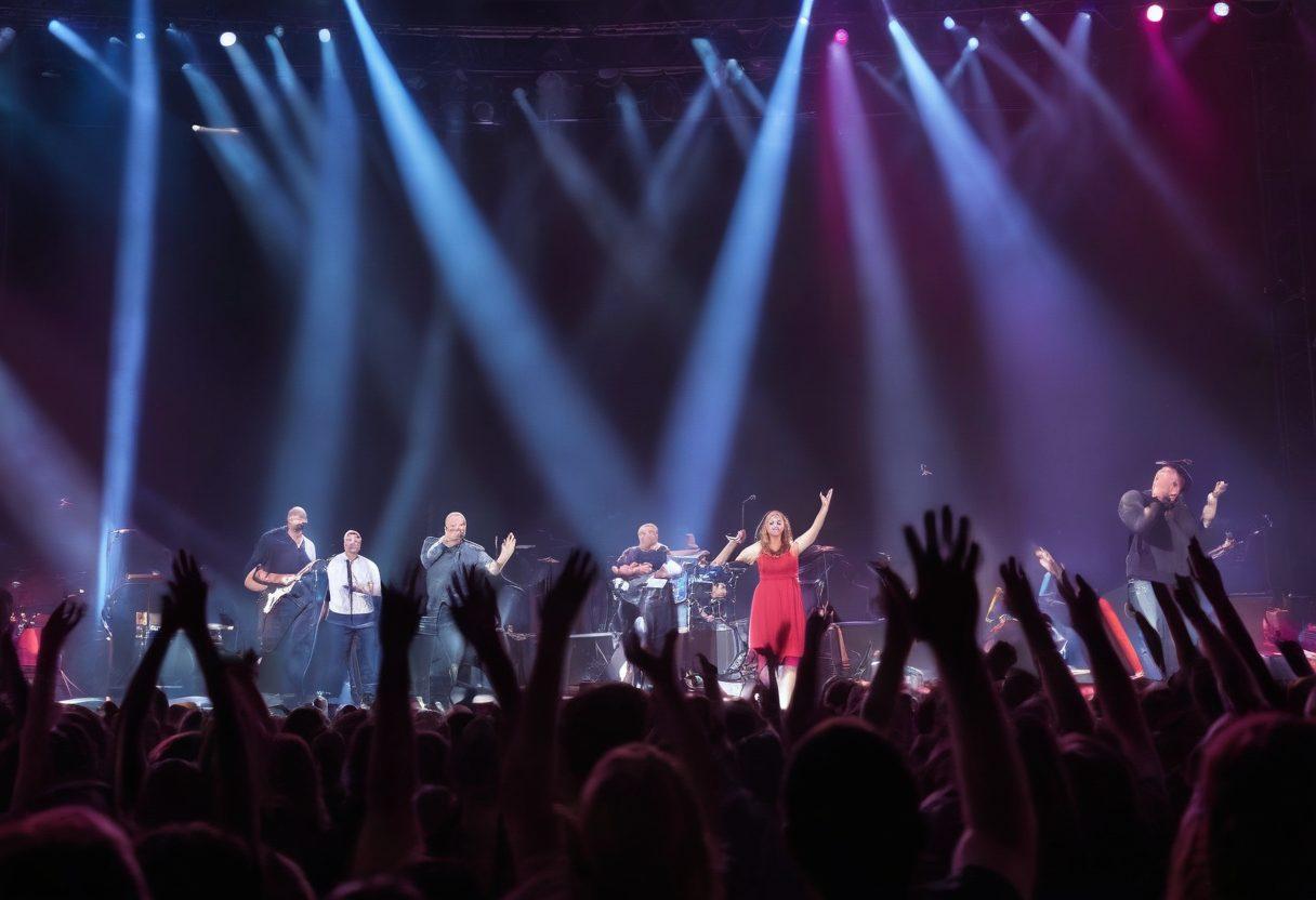 A vibrant concert scene showcasing the band MercyMe performing energetically on stage, with an audience of diverse fans joyously raising their hands in worship. Soft beams of light illuminate the performers, creating an uplifting and spiritual atmosphere. Incorporate symbols of faith like subtle doves or musical notes fluttering in the air, representing the journey and transformation through music. super-realistic. vibrant colors. soft focus.